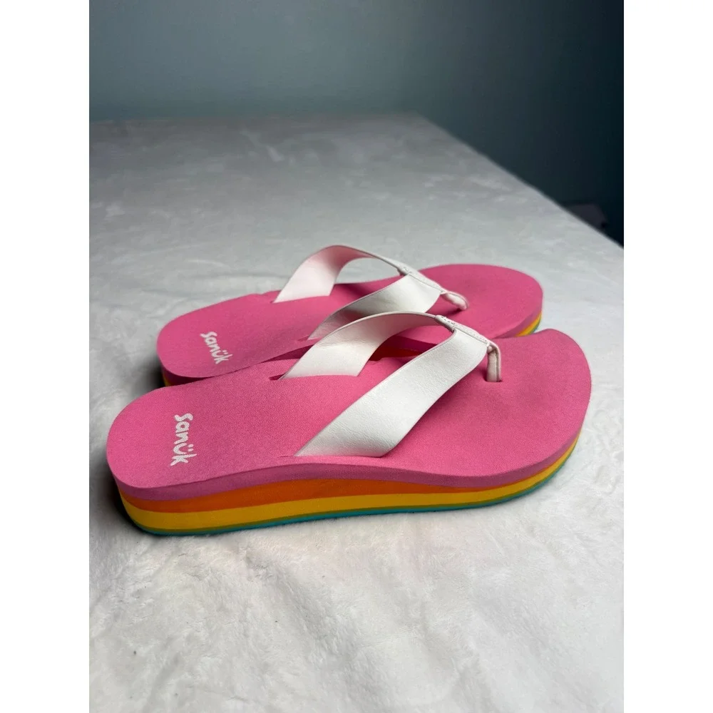 Sanuk Womens Pink White Rainbow Platform Wedge Flip Flop Sandals FB11 Size 7